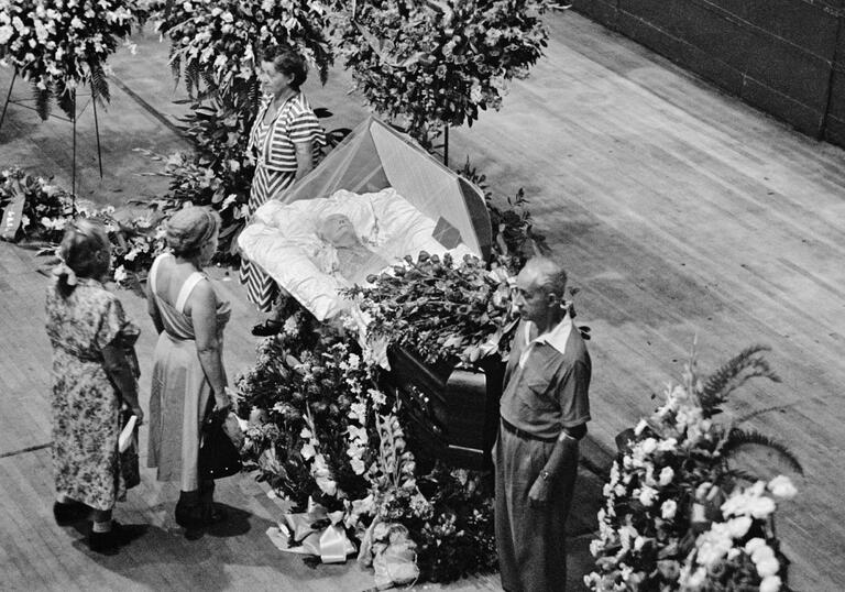 black and white photo Mrs. Ella Reeve Bloor Omholt's funeral, c. 1951.