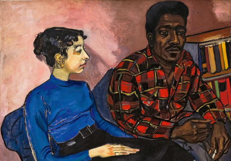 A portrait by Alice Neel of two figures sat together.