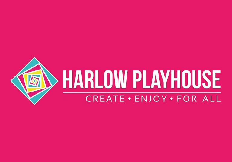 Harlow Playhouse logo across pink background