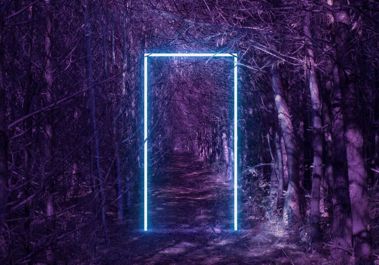 Illuminated doorway with purple hue in forest at night