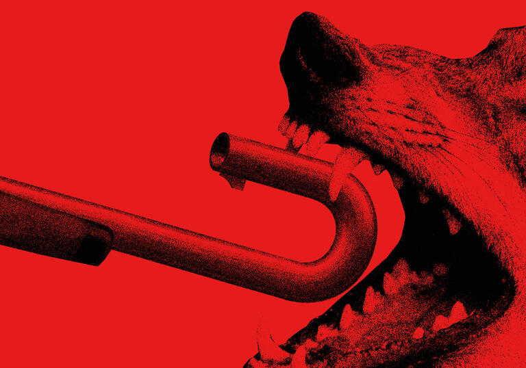 A snarling open-mouthed wolf is biting the end of a shotgun that's pointed at it. The end of the gun is bent into a U shape, aiming back at the shooter who can't be seen holding the gun. The image is monochrome on a red background.