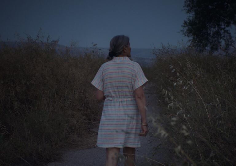 A woman walks through a field in the dark in a still from Foragers
