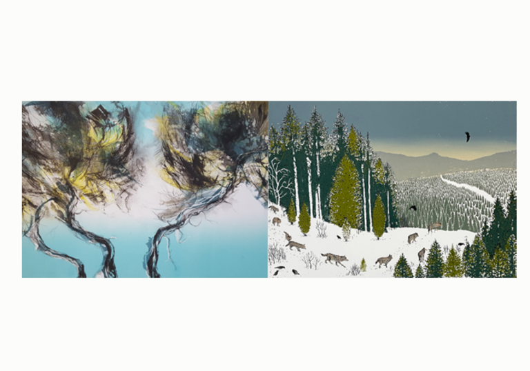 Two images of work by master painters and printmakers Clare Grossman and Tim Southall