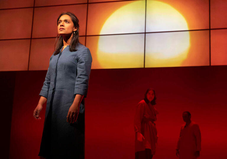 A performer wearing a grey dress looks out at the audience, while the image of a setting sun is projected behind them.