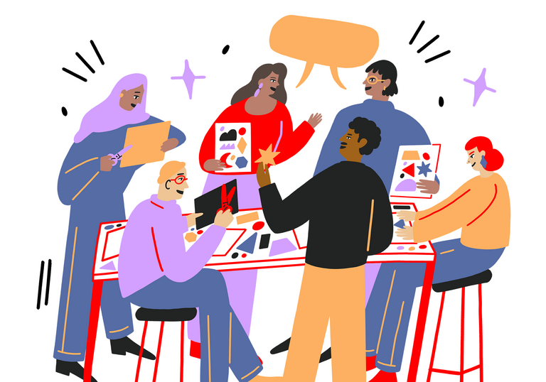 Illustration of group doing a workshop around a table