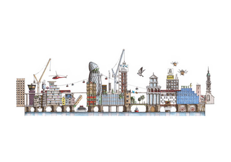 A cityscape drawing by architect and illustrator Anna Gibb