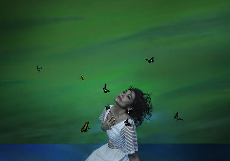 A woman neels down in a white dress, surrounded by butterflies