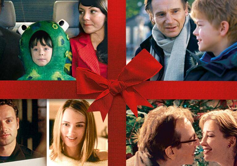 Four scenes from Love Actually on each quarter of the image, with a red ribbon in the centre