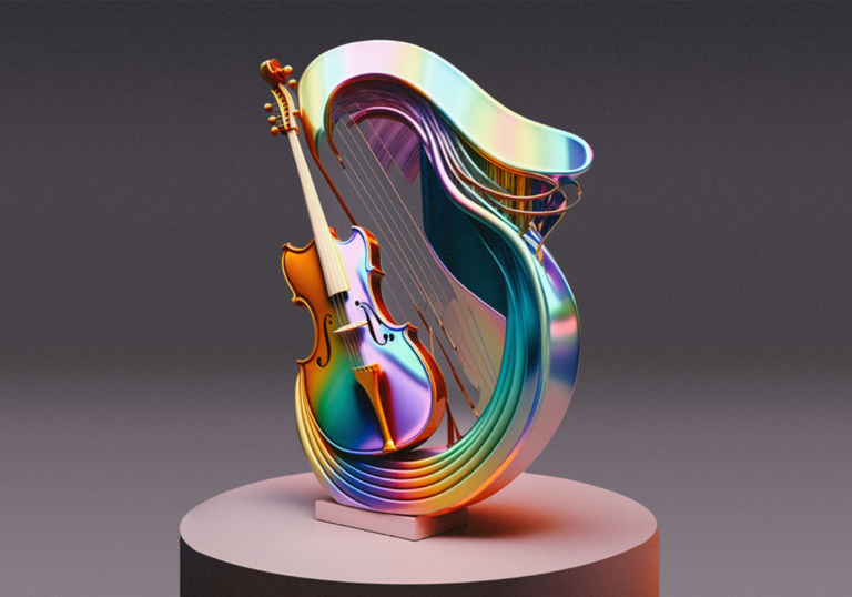 Artwork depicting a rainbow coloured cello cradled by an abstract shape resembling a harp
