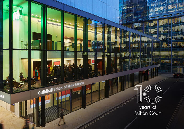 Exterior of Milton Court with MC10 logo overlay