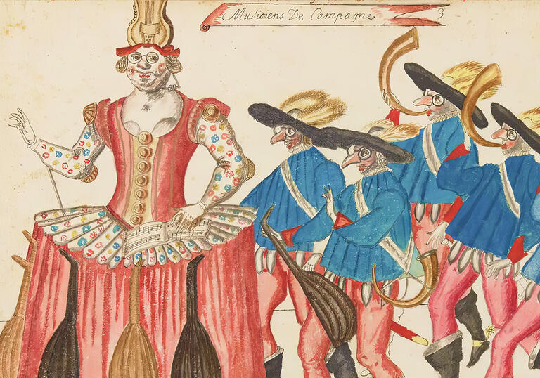 15th century costume design illustration by Daniel Rabel, created for the court ballets of Louis XIII. This illustration depicts the Fairy of Music and her entourage of musicians.