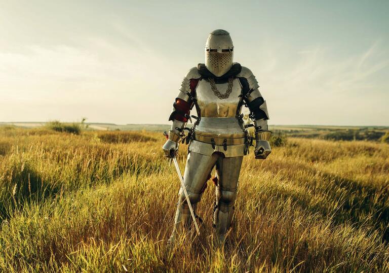 An armoured knight standing in a grassy field holding a sword