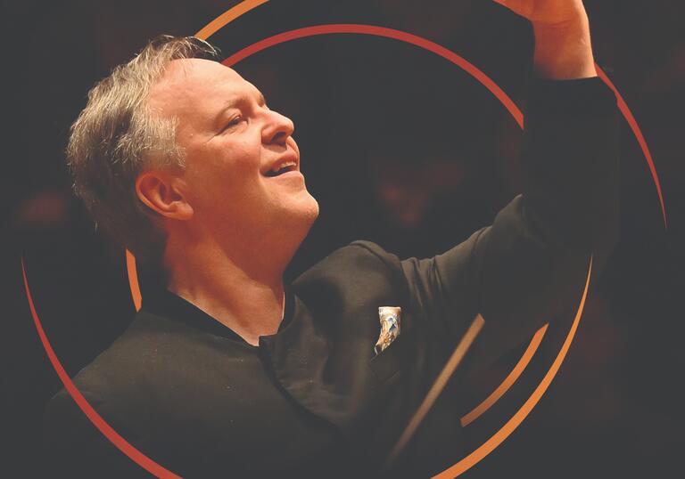 Sakari Oramo conducting, with circular orange swirls around him