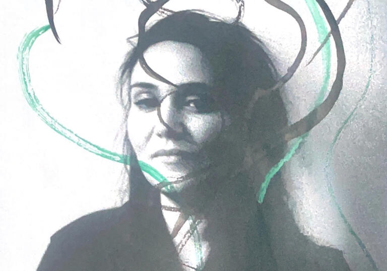 Grainy, greyscale photo of Freya Waley-Cohen overlaid with grey and turquoise paint swirls