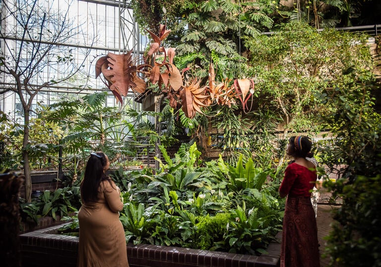 two people look at a sculpture by Ranjani Shettar in the Conservatory