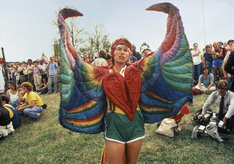 JEB (Joan E. Biren), from the slideshow Look to the Women for Courage: Stories from the Seneca Encampment for Peace and Justice, 1984 Demonstrator from the Women’s Encampment for a Future of Peace and Justice, 1 August 1983 © Joan E. Biren. Courtesy Smith College Special Collections, Northampton, MA.
