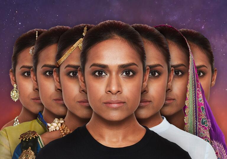 A person wearing a black t-shirt stares directly at the camera. Six different versions of them appear staggered behind in a triangle shape. They stand against a pink and purple starry background.
