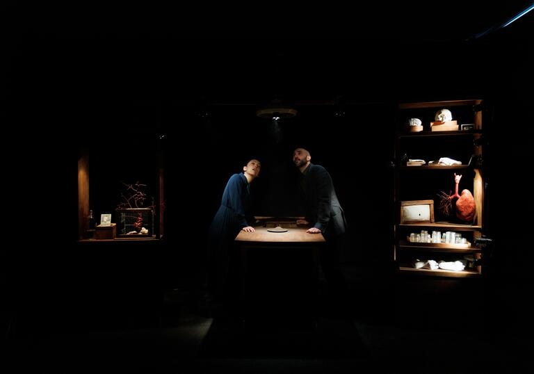 Two people stand side-by-side at a table in a dark room that has a shelf with lots of funny-looking objects on it. 