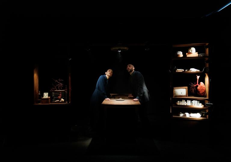 Two people stand side-by-side at a table in a dark room that has a shelf with lots of funny-looking objects on it.