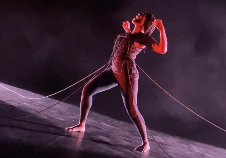 Performer Julene Robinson performs on stage. She speaks towards the ceiling with her arms outstretched. She is dressed all in black with black ropes tied around her waist.