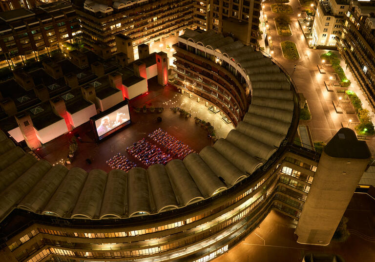 Aerial photo of the Barbican Outdoor Cinema in the Sculpture Court