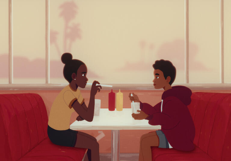 An animation of a couple sitting in a diner. 