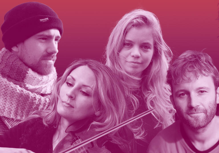 A composite image featuring the five artists in the concert. From left to right: Kit Downes, Alice Zawadzki, Heloise Werner, Colin Alexander and Allan Clayton. The image has a pink overlay.