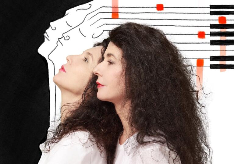 Side profile photo of Katia and Marielle Labèque standing close together. Behind them is an illustration of the side profile of two women, mirroring the position of Katia and Marielle. The hair of the illustrated women flows backwards, turning into the keys of a piano.