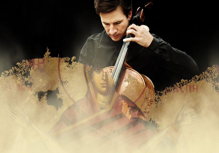 The top half of the image shows Guy Johnston playing his cello against a black background. Superimposed over the bottom half of the image is an icon of Mary, Mother of God