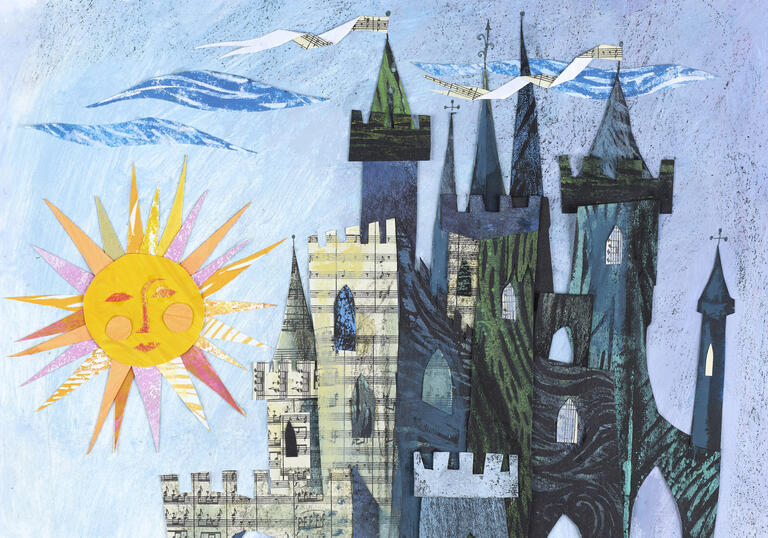 Illustration from James Mayhew's book Once Upon A Tune: Stories From The Orchestra, depicting a fairy tale castle, and in the sky is a sun with a smiling face.