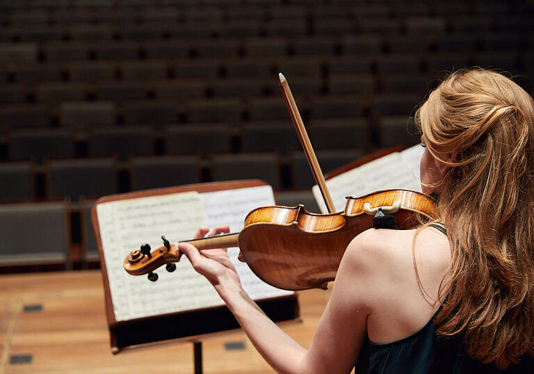 Violinist performing behind a music score