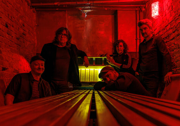 Magnetic Fields sit in a glowing red room 