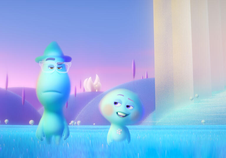 Two souls walk through a pink and purple soul landscape, chatting as they go.