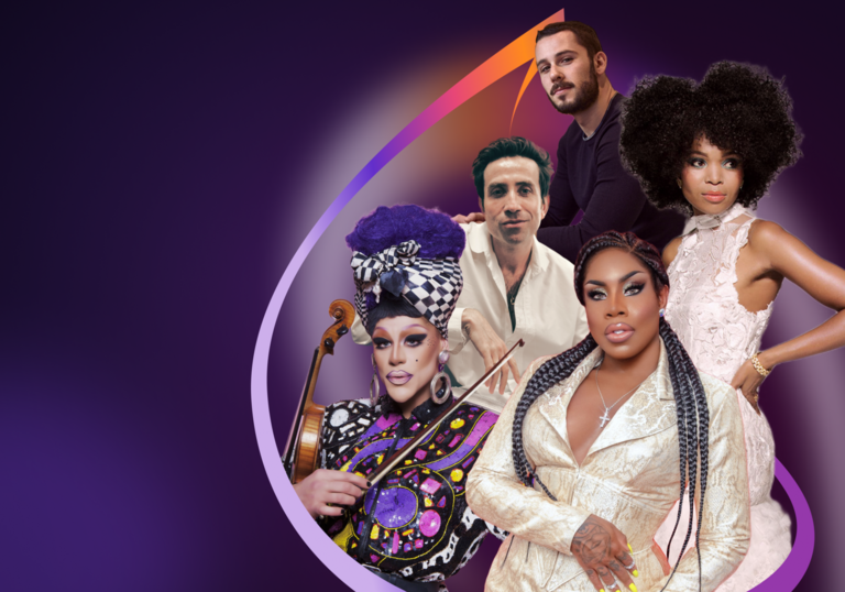 Composite image of Oliver Zeffman, Nick Grimshaw, Pumeza Matshikiza, Thorgy Thor and Vinegar Strokes against a purple background