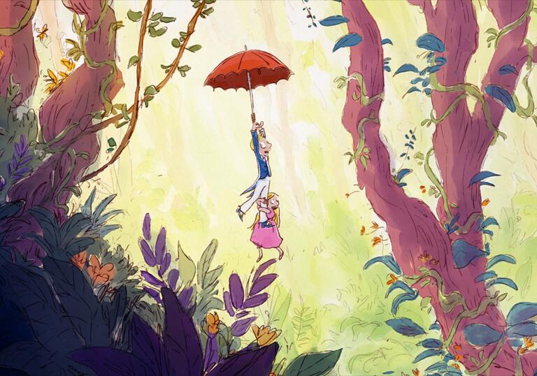 An illustration by Quentin Blake, depicting characters Jack and Nancy floating through a forest scene, using a red umbrella as a parachute.