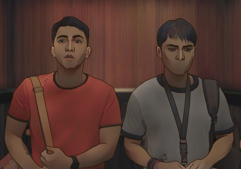 Two young people stand in a lift looking directly forward.