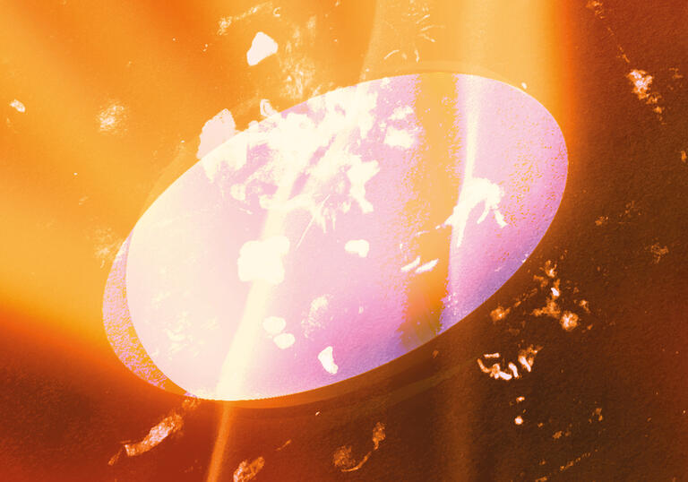 A pale purple, oval shape, reflective of a mirror or window, sits in the centre of the image, surrounded by a dark orange colour with candle smoke and lens flares creating textural elements.