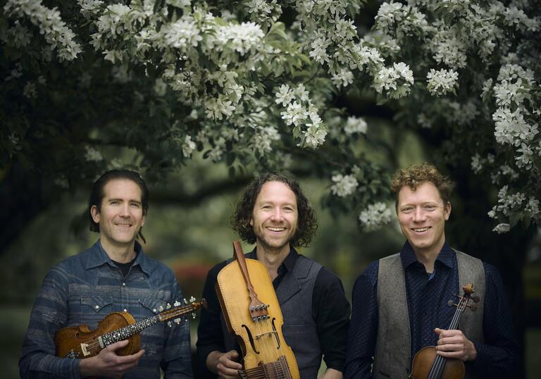 The members of Lodestar Trio standing in a row holding their instruments, in front of a tree with white blossom