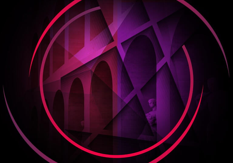 An image of the Roman colosseum, with pink and purple colours overlaid and circular swirls framing the image
