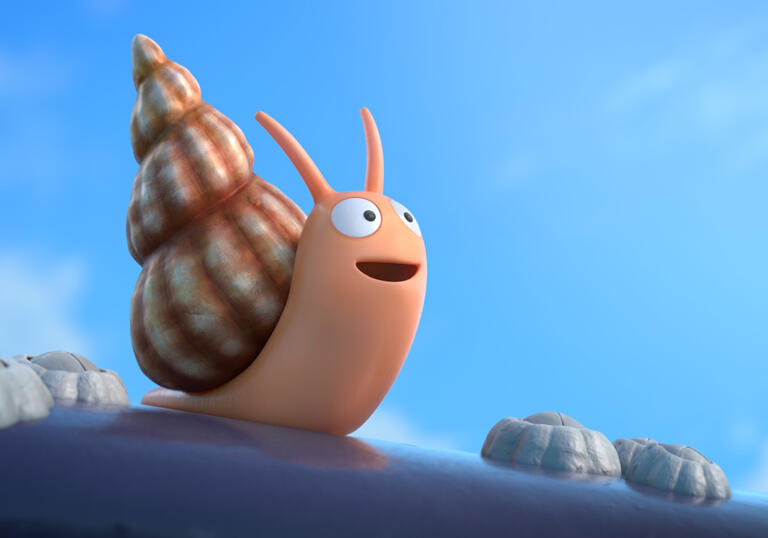 A very happy looking snail sits atop a whale.