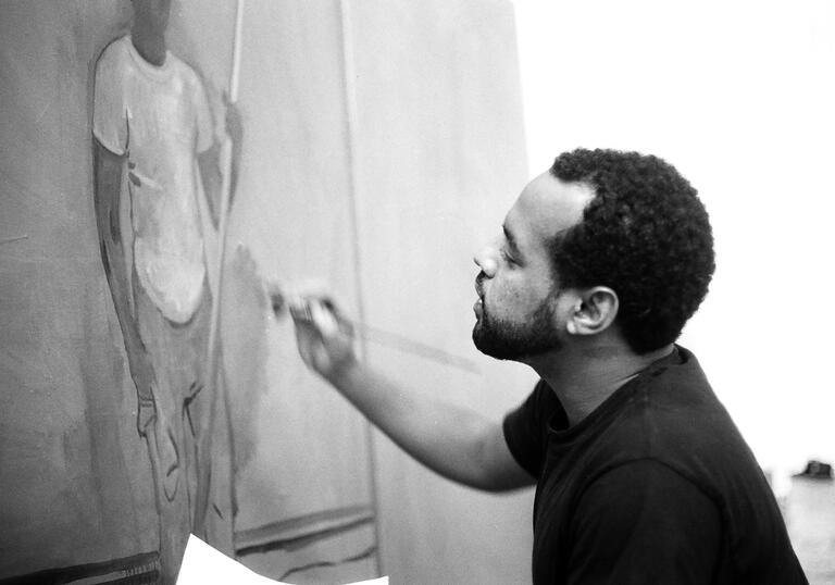 Noah Davis at work, Los Angeles, 2009, Photo by Patrick O'Brien-Smith