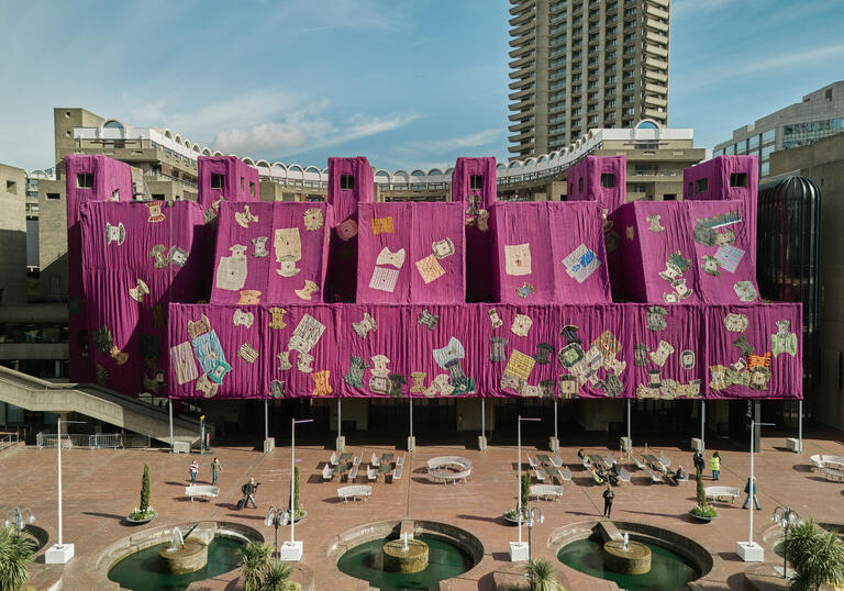 ibrahim mahama installation on the barbican lakeside facade