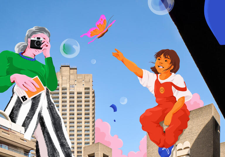 Caartoon image of child and woman in front of beech street entrance, butterfly aft the top.