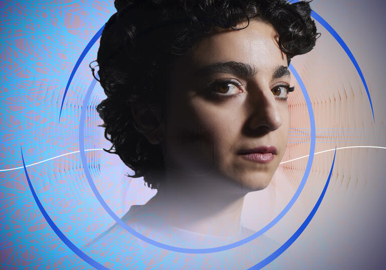 A headshot of Shiva Feshareki, with circular blue swirls around her. In the background is an abstract, blue, web-like pattern and some wavy shapes suggestive of sound waves.