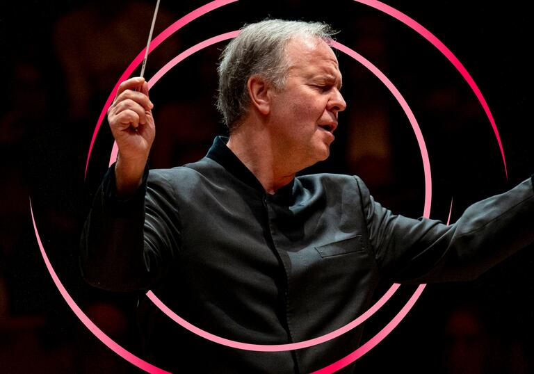 Sakari Oramo conducting, with pink orange swirls around him