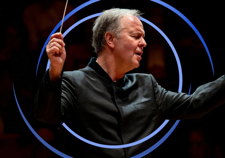 Sakari Oramo conducting, with blue circular swirls framing him