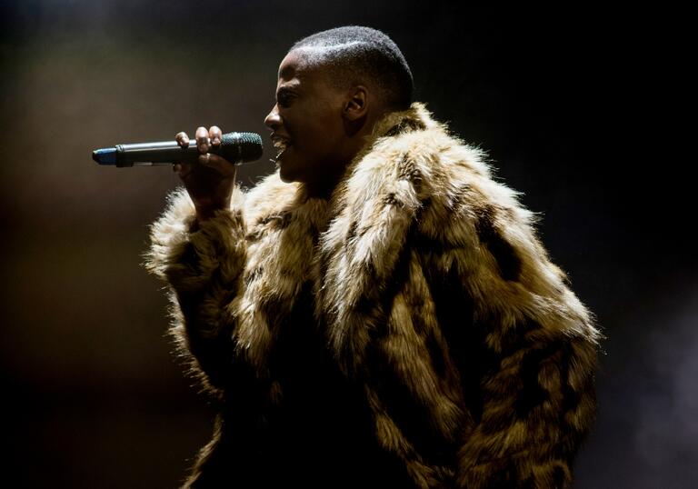 A person in an animal print fur coat sings into a microphone.