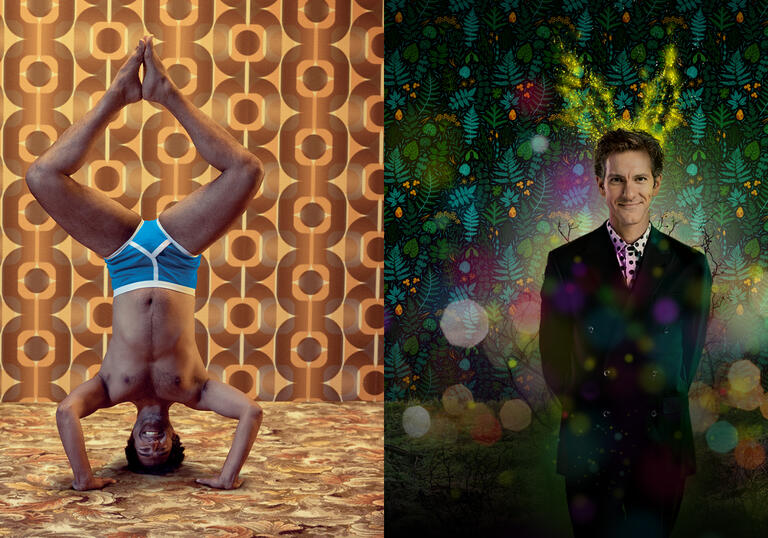 Two images, on the left a person in their underpants does a handstand in a room with 70s wallpaper and on the right a person in a suit stands against a green background that evokes the forest.