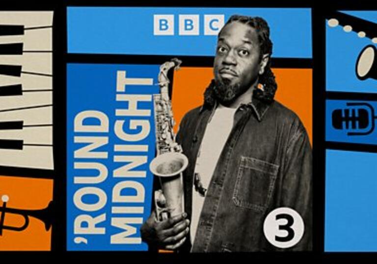 Round Midnight logo with Soweto Kinch holding his saxophone