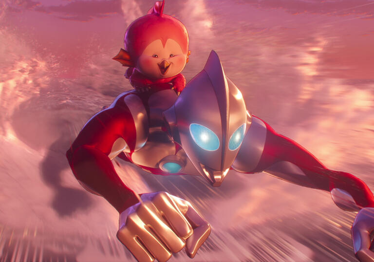 A superhero flies through the air with a baby Kaiju on his back.
